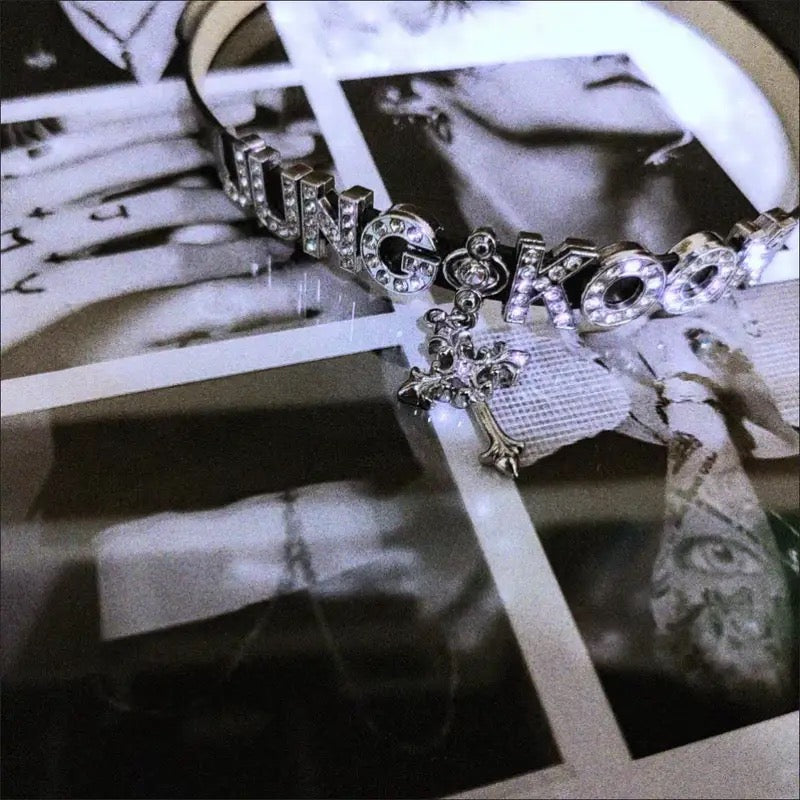 BTS Jungkook Cross Black Choker|Army Gift Leather Bracelet|Kpop Leather Collar With Rhinestone Letters