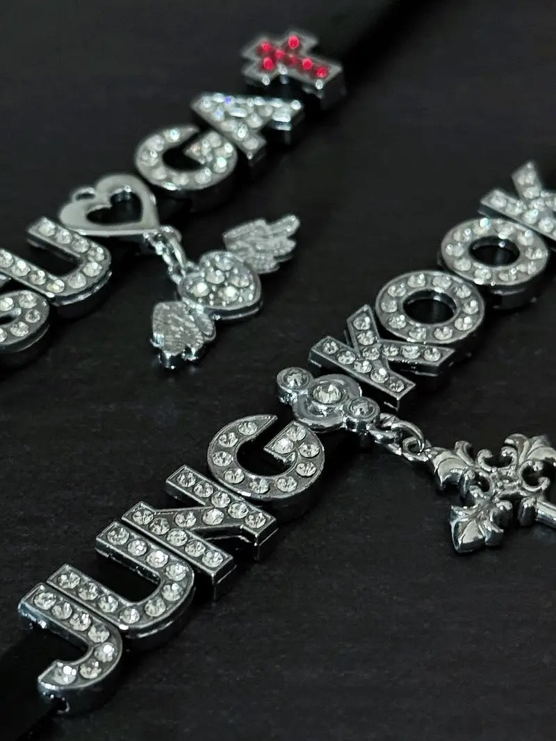 BTS SUGA Angel Heart Black Choker|Army Fan Merch|Kpop Leather Collar With Rhinestone Letters